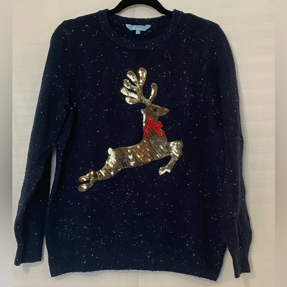 Women's Navy Flocked Sparkly Reindeer Christmas Sweater LG Festive Cozycore